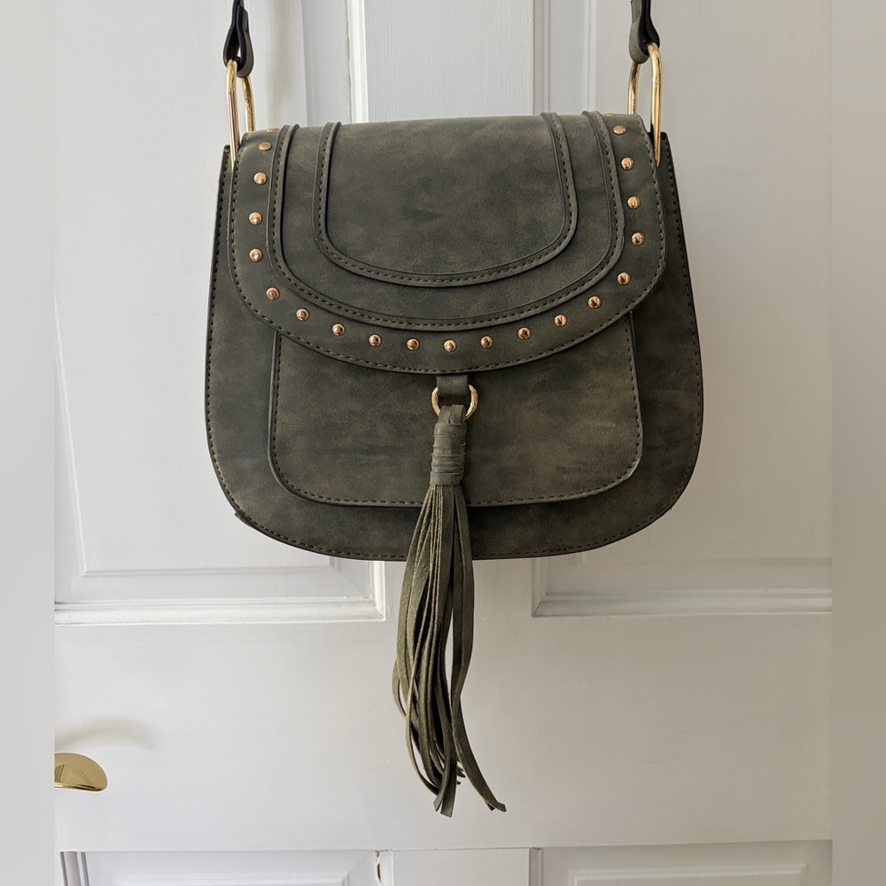 Franco Sarto Olive Green Studded Tassel Crossbody Bag